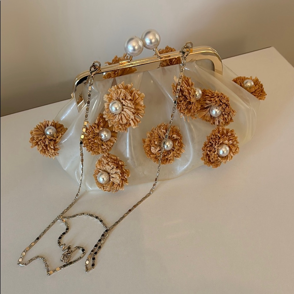 ZARA raffia Floral Pearl-Embellished Clutch semi sheer purse silver tone strap